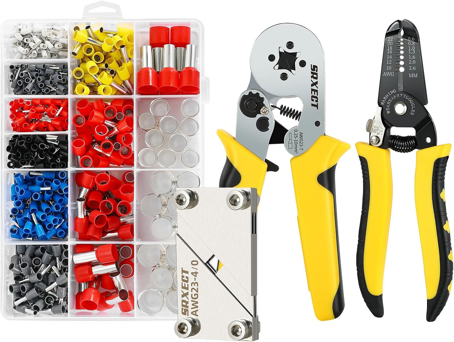 Ferrule Crimping Tool Kit，Wire Ferrule Crimper Plier（AWG23-7,Wire Stripper（AWG22-10） and Ferrules Crimper（AWG26-4/0），600PCS Wire Ferrules Kit（AWG22 20 18 16 14 12 10 7 5 4 2 1/0 2/0 3/0）