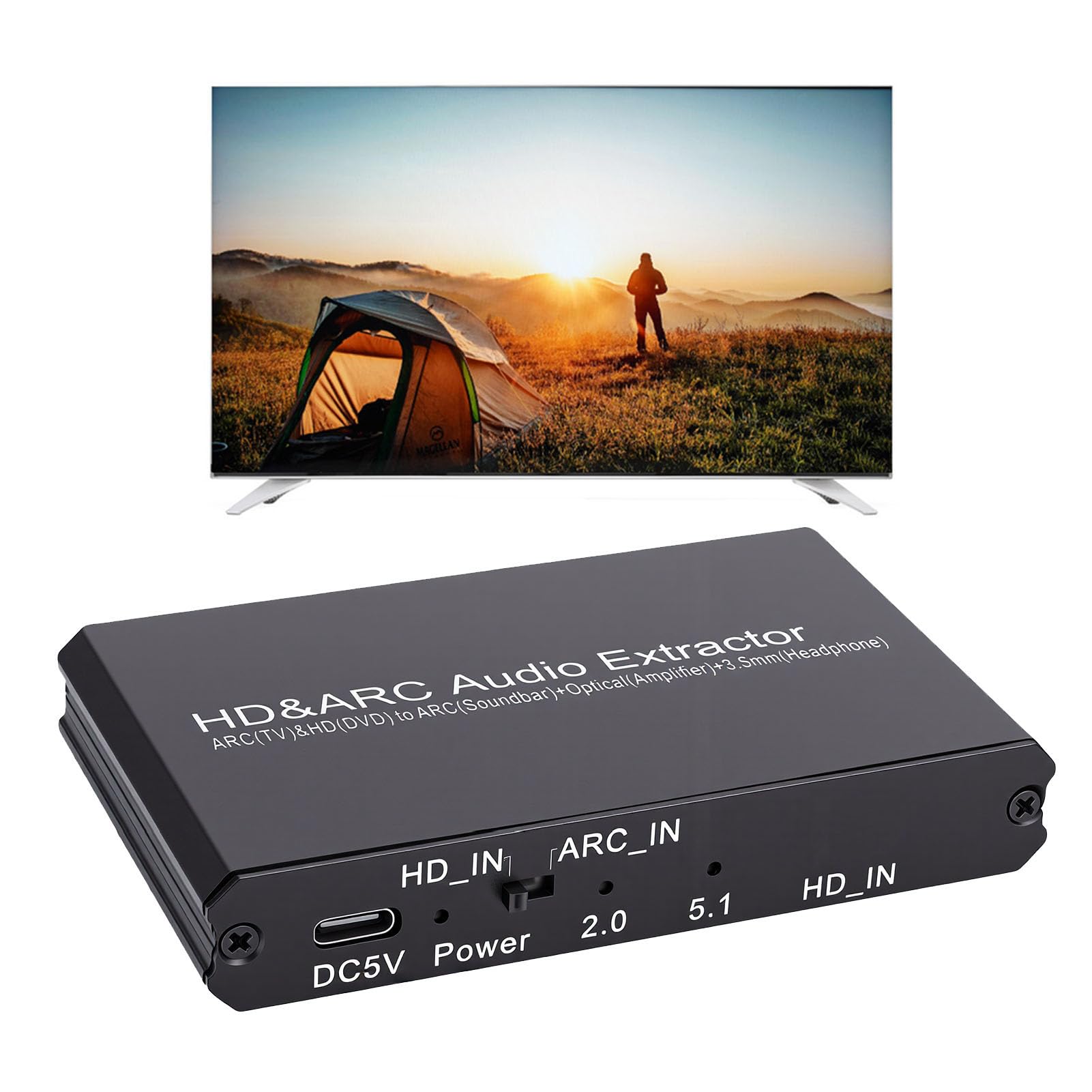 Sxhlseller Extractor de Audio 4K 60Hz HDMI ARC con óptico y 3,5 Mm para TV | Muestreo de 192 kHz, carcasa de aleación de aluminio, alimentación tipo C, control remoto de volumen del televisor, modo de