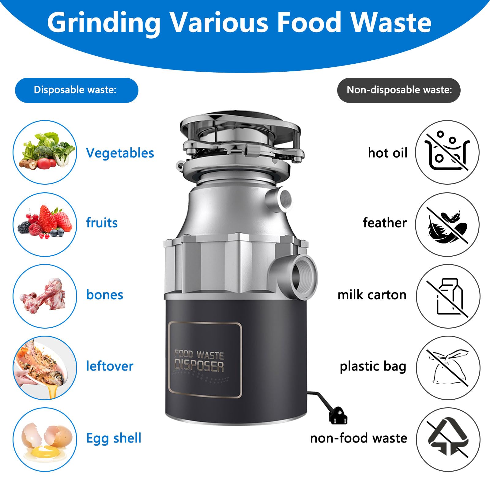 Dissipatore di rifiuti alimentari, unità di smaltimento dei rifiuti da 560 W per lavello da cucina, capacità 1200 ml, macinazione in acciaio inossidabile a 4 fasi, silenzioso e facile da installare