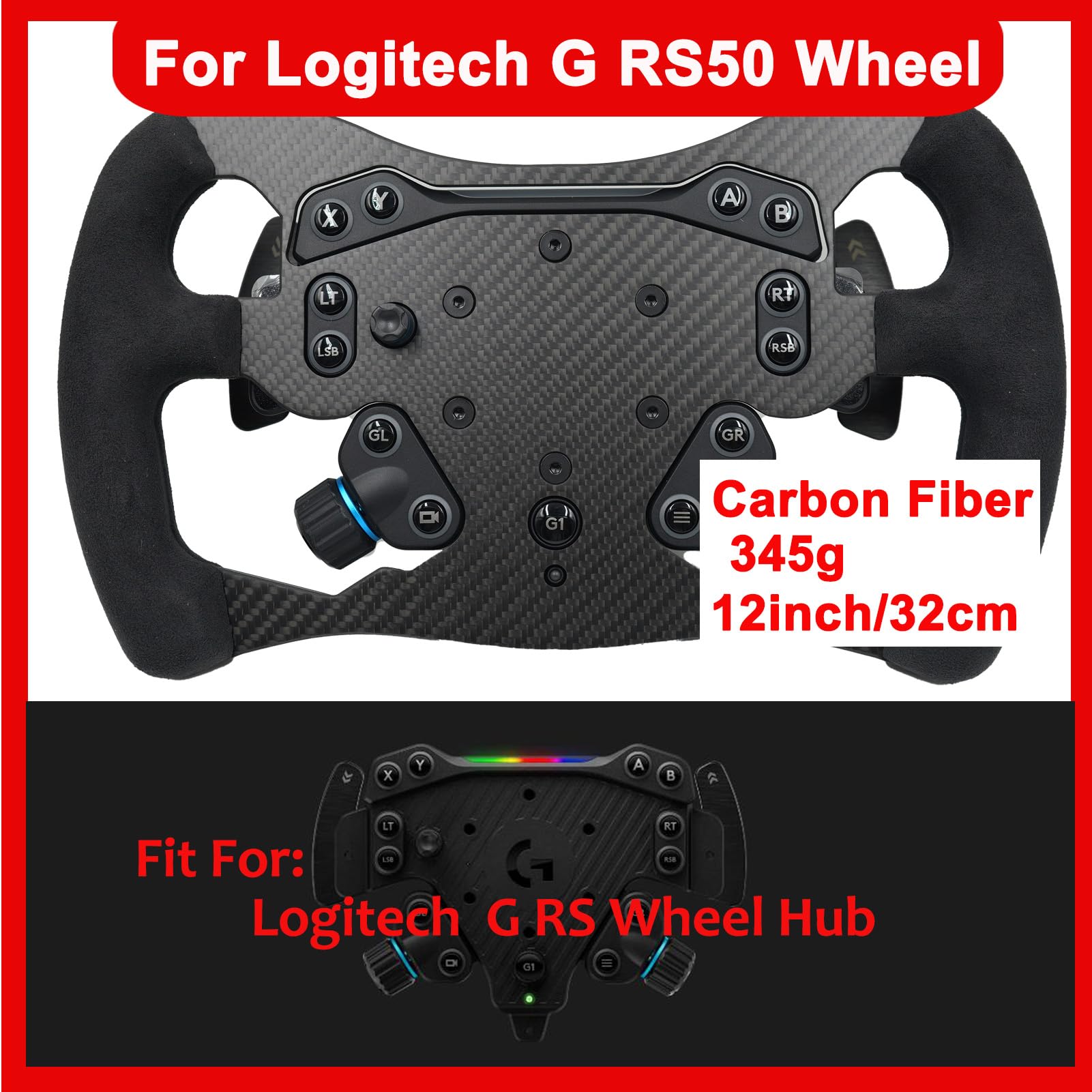 Benshuuk 12 Inch F1 Formula Style Real Carbon Fiber Suede Steering Wheel for Logitech G RS50 Pro SIM Racing Wheel PS4/PS5 PC