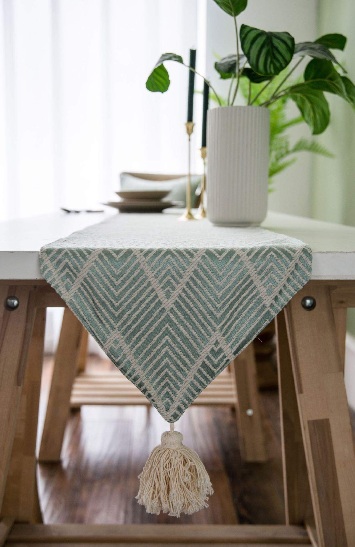 Chemin de table jacquard haut de gamme motif vagues nordiques vert