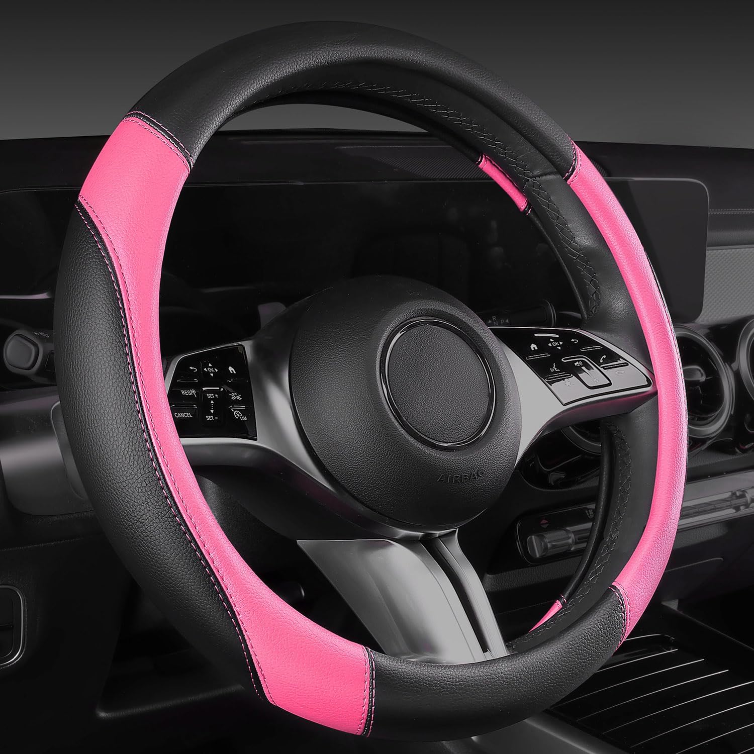 CAR PASS Faux Leather Steering Wheel Cover and Waterproof Car Floor Mats,Universal Car Combo Fit for 95% Sedan,SUV,Cars,14.5-15inch Sporty Anti-Slip Safety Comfortable Design(Black＆Pink) - Image 7