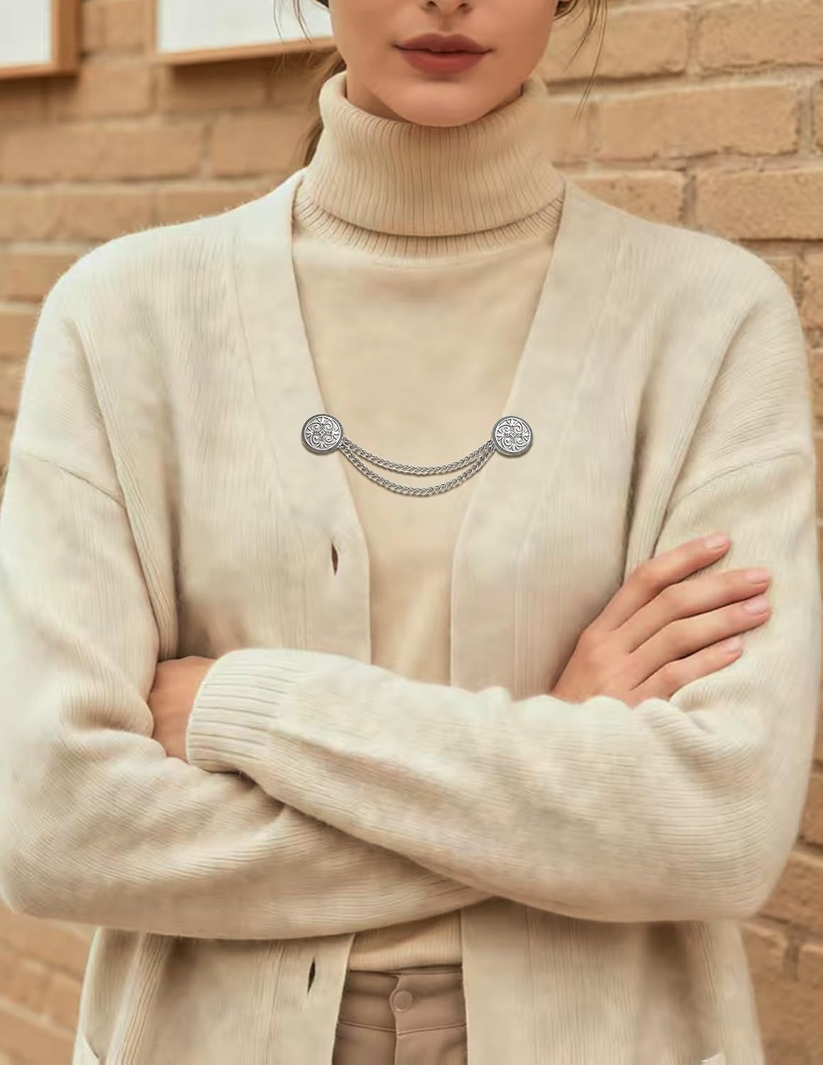 Vintage Sweater Shawl Clip Chain Antique Retro Cardigan Dress Cloak Collar Lapel Brooch Pin With Hanging Chain Rose Flower Leaf Pearl CZ Shirt Suit Holder Clasp Accessories Gift for Women Men