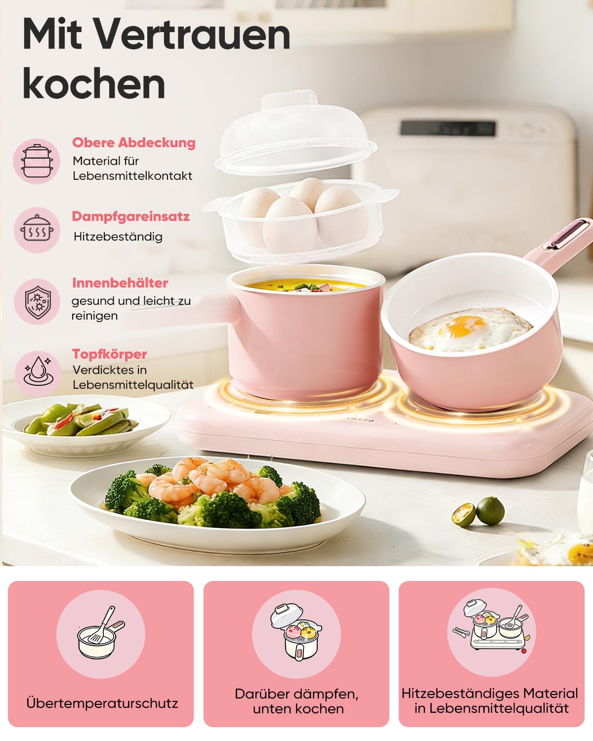 Elektrischer Hot Pot Doppelkochfeld Mini Multicooker – Elektro Kochtopf mit Dampfgarer & Suppentopf, für Hotpot und Suppen, kompakt, leicht zu reinigen (Rosa