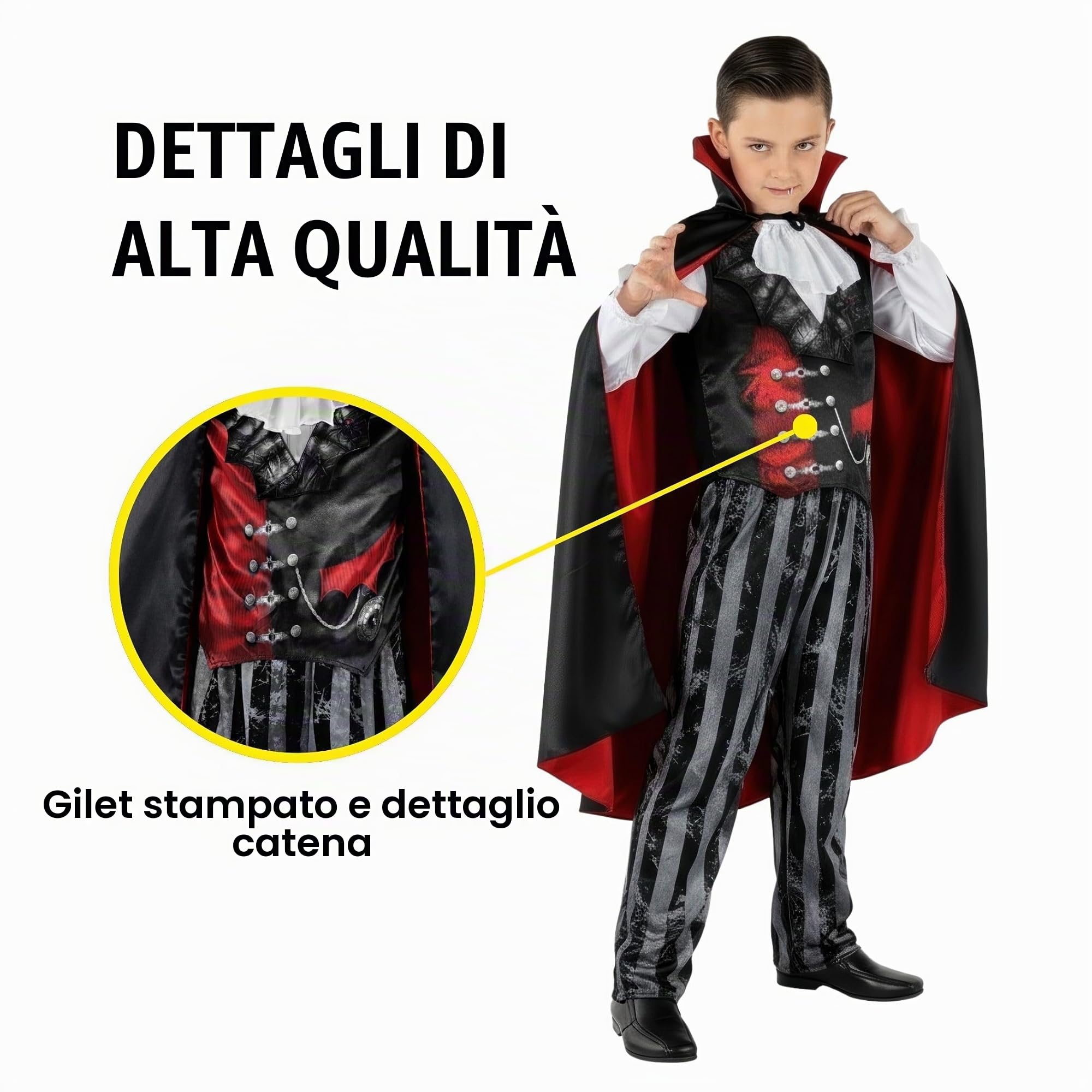 Morph Costume Dracula Bambino, Vampiro Halloween Bambino | Gilet Vintage, Pantaloni a Righe, Mantello & Maschera, Design Vampiro, Perfetto per Halloween, Ideale per il Gioco di Ruolo