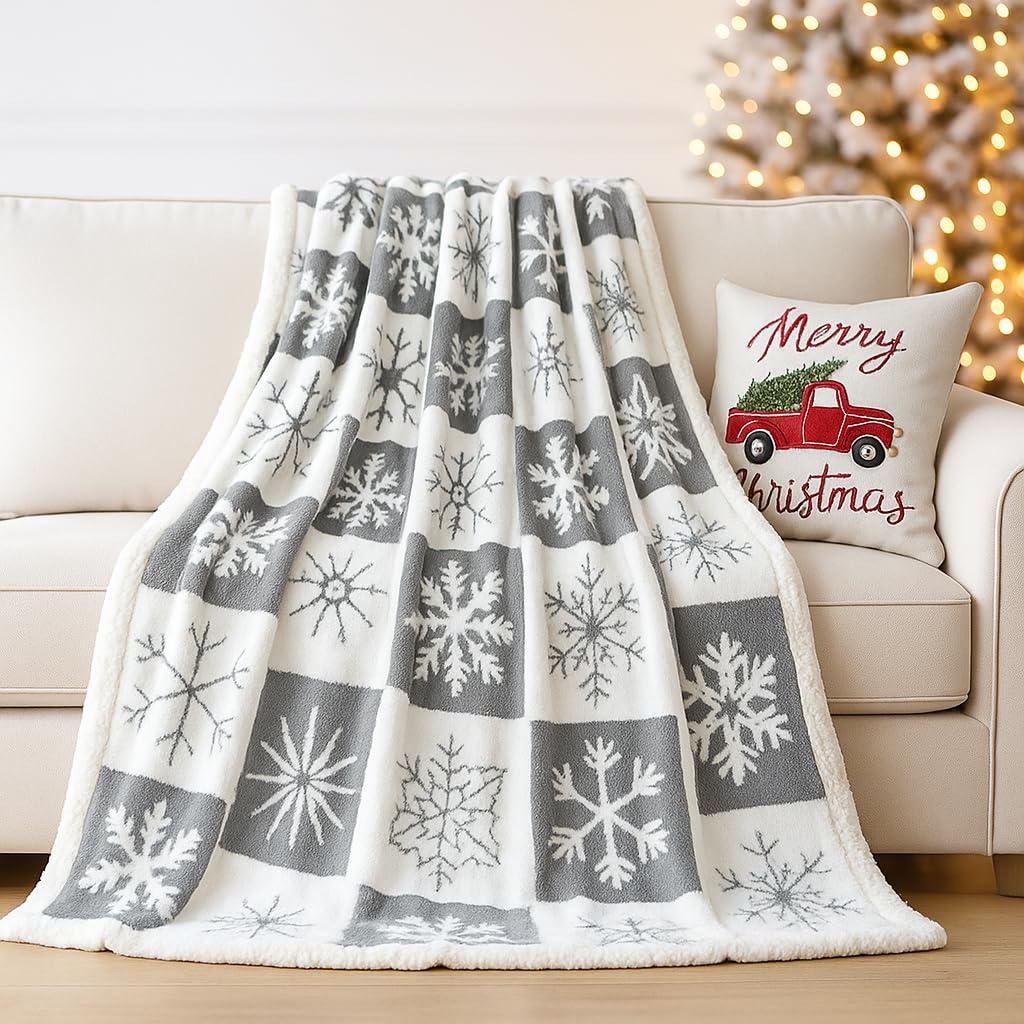 EAQ Manta Navidad Manta Cama Invierno para Cama, Sherpa Franela Reversible Polar para Sofá, Borreguito Gruesa, Suave, Caliente, Sillón, Transpirable para Invierno (Navidad Gris, 152X203CM)