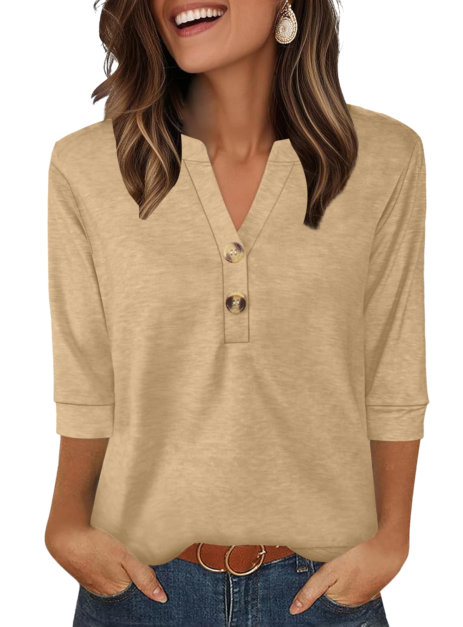 Aokosor Womens 3/4 Sleeve Tops Ladies Blouse V Neck Tunic Long Sleeve T Shirts Curved Hem Office Wear — view 16
