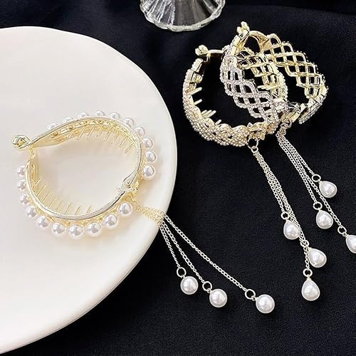 Miniatura 3 de 3 pinzas para el cabello con borlas y diamantes de imitación de perlas, pasadores de pelo de metal francés, soporte para moño, cola de caballo alta,