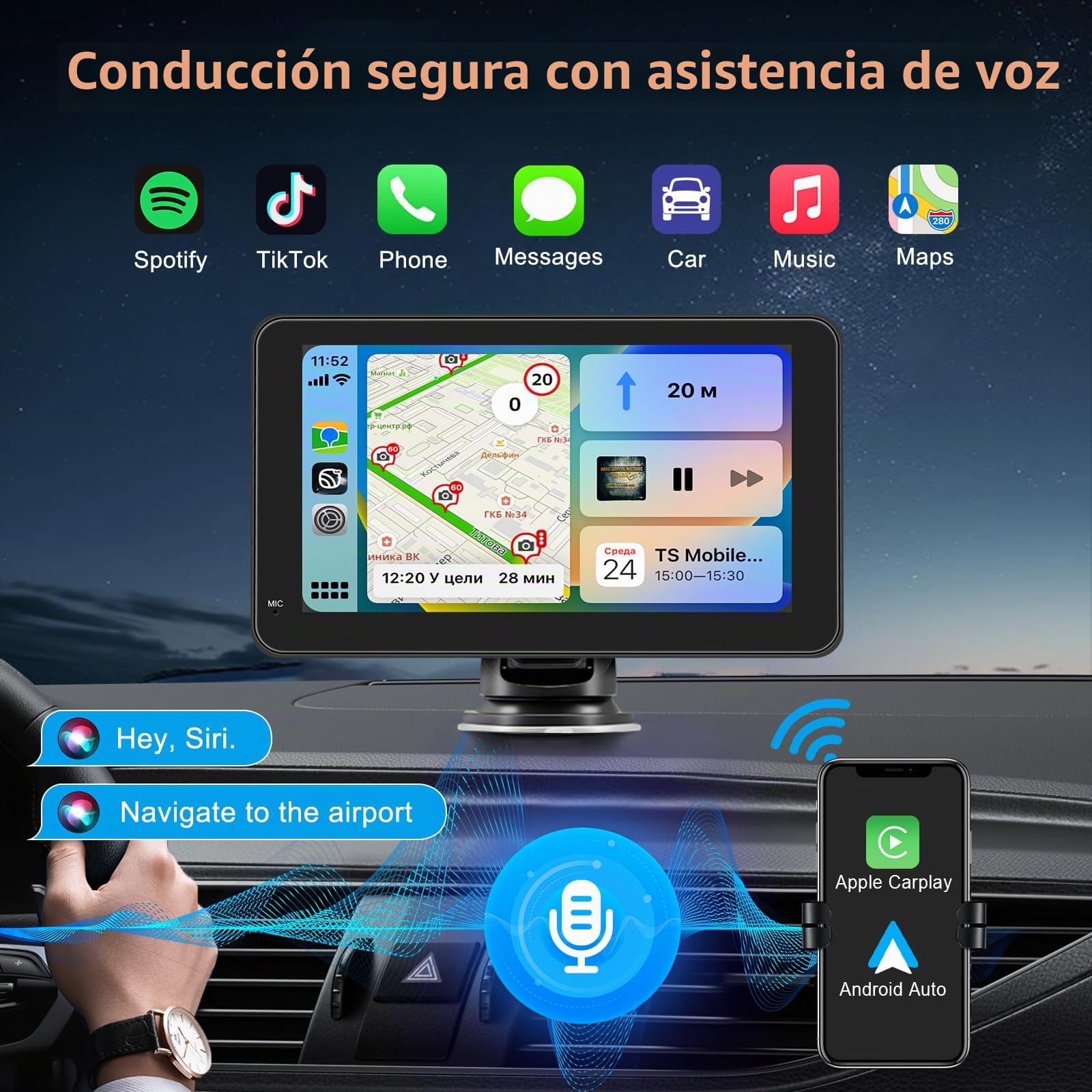 7 Pulgadas Pantalla Coche de Carplay Android Auto Inalambrico,Pantalla Táctil Portátil Radio Coche,Bluetooth,Mirror Link,Control por Voz,Navegación GPS,FM Transmisor,AUX,Airplay