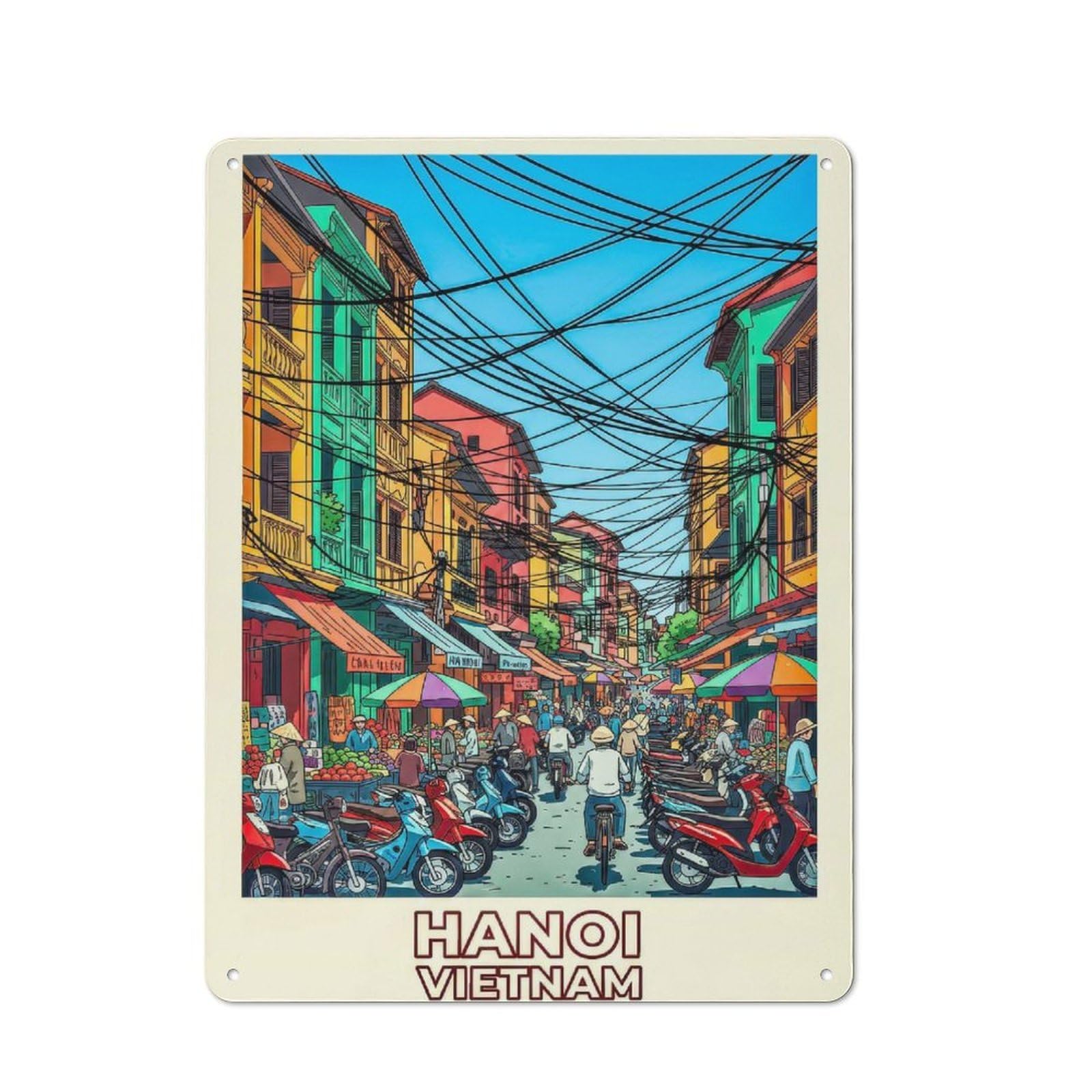 Junmoney Style-24 Retro-Style Tin Sign 40X30cm Featuring Hanoi Street Scene With Motorbikes For Hallway Wall, For Garage, Workshop And Man Cave Decoration