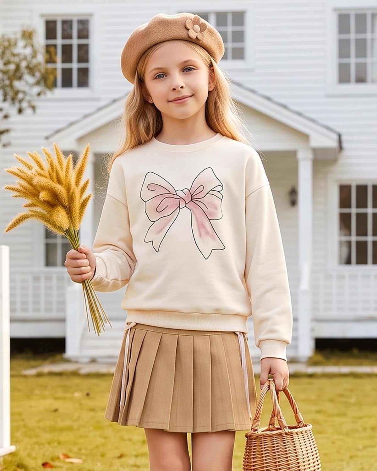 Girls Two Piece Outfit Fall Winter Clothes Bowknot Skirt Set Size 7-14Y