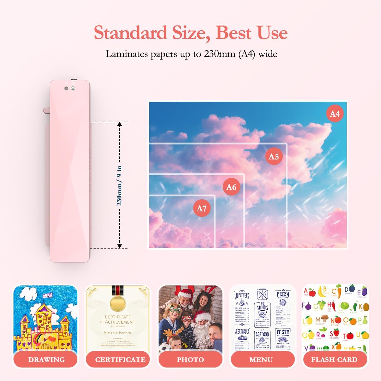Crenova A4 Laminator Machine 4 in 1 Personal Desktop Hot & Cold with 10 Laminating Pouches No Bubbles 9 Inch Thermal Laminator for Home Office School Business Use Pink