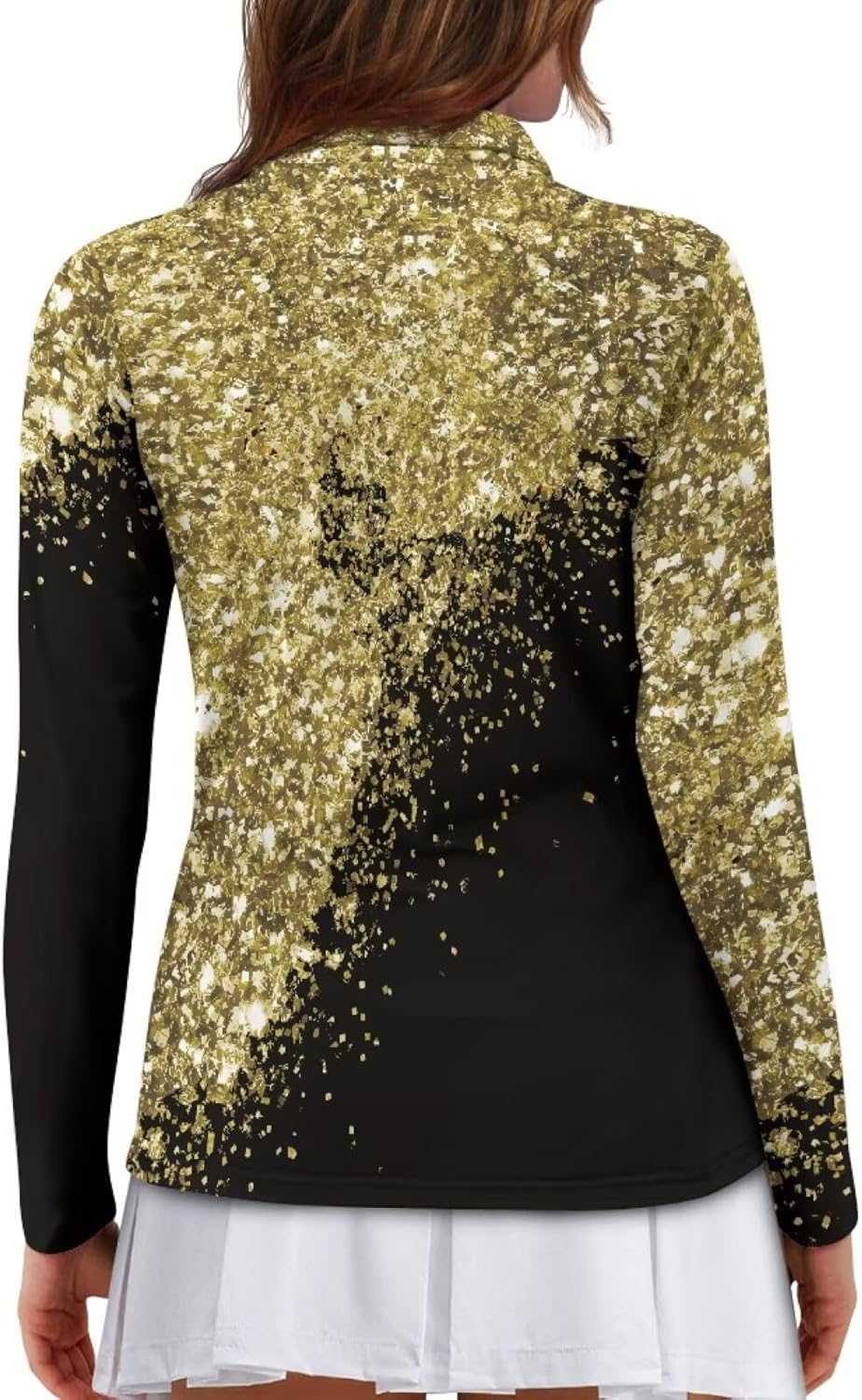 Boatee Gold Glitter Print Women Sport Cloth Golf Tennis Shirts Soft and Comfortable Quarter Zip with Collar Shirt Machine Washable for Golf,Tennis,Hiking,Running,Gym