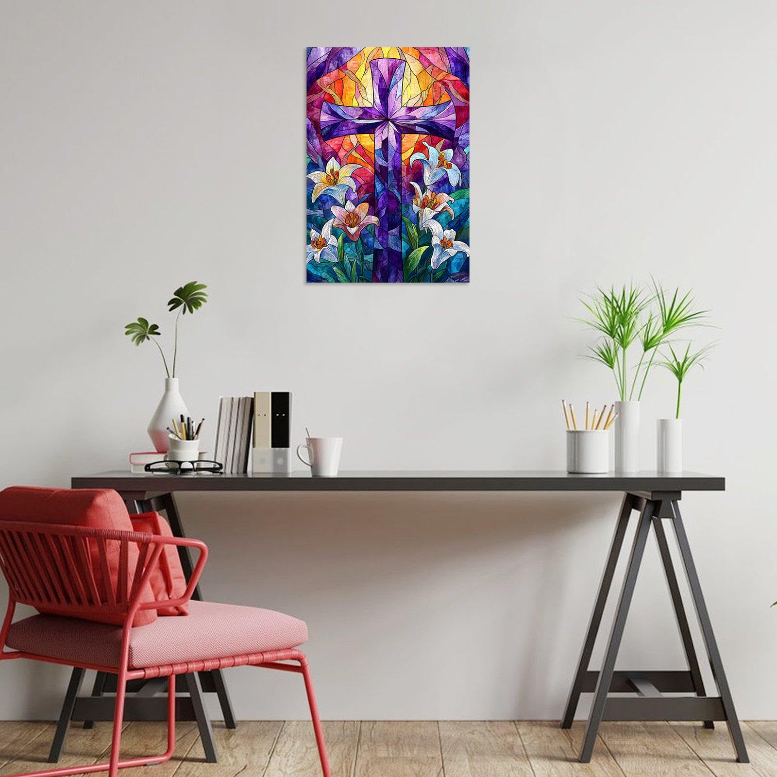 Great Jigsaw Puzzles for Adults 300 Pieces Stained Glass Cross Lily Challenging Puzzles for Adults Gift for Friends Family Home Decoration Puzzle - Image 3