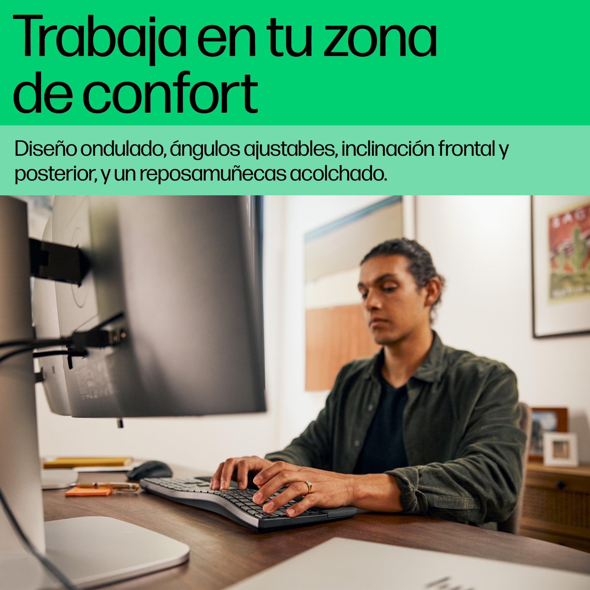 HP 680 Teclado QWERTY Español inalámbrico Dual, Ángulos de Escritura Ajustables, Teclas programables, Conectividad Segura, Diseño Compacto en Forma de Onda, Reposamanos Acolchado, Color Negro