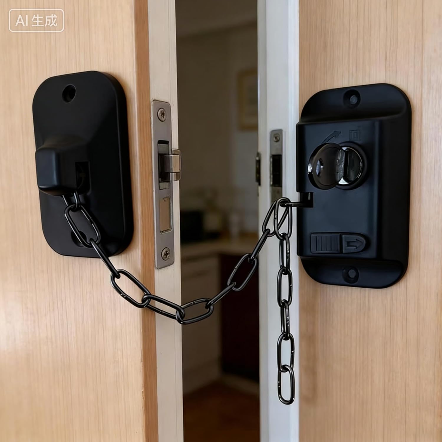 Child Safety Door Chain Lock, 2 Pack, with Keys, Adjustable, Adhesive, No Tools Needed, Black, for Baby, Pets and Dementia