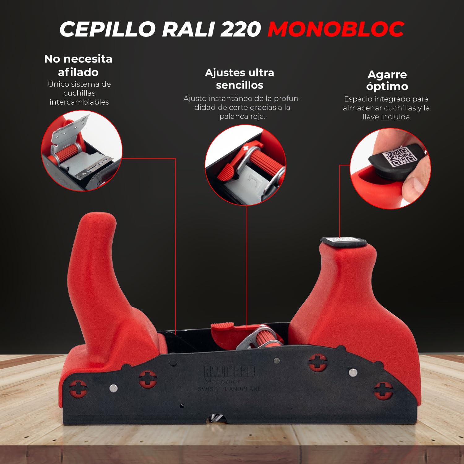 Cepillo RALI 220 MONOBLOC: Cepillo de carpintero sin afilado para trabajar la madera | Cepillo manual con cuchilla reversible y ajuste instantáneo de la profundidad de corte. ¡Siempre operativo!