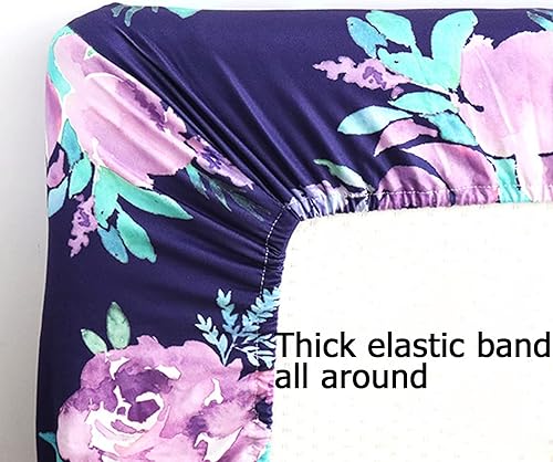 Miniatura 5 de Sábana de cuna para niña, cama de guardería de flores moradas, sábanas de flores para colchón de bebé pequeño, sábanas de cuna elásticas y suaves de