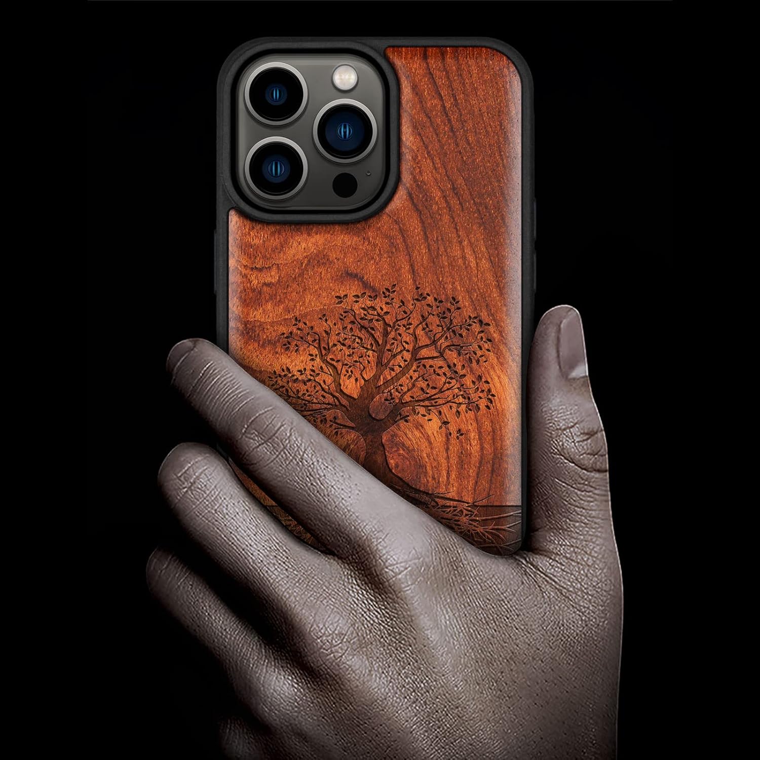 Carveit Magnetic Wood Case for iPhone 14 Pro Max [Natural Wood & Black Soft TPU] Unique & Classy Wooden Shockproof Protective Cover Compatible with magsafe (Tree with Roots -Rosy)