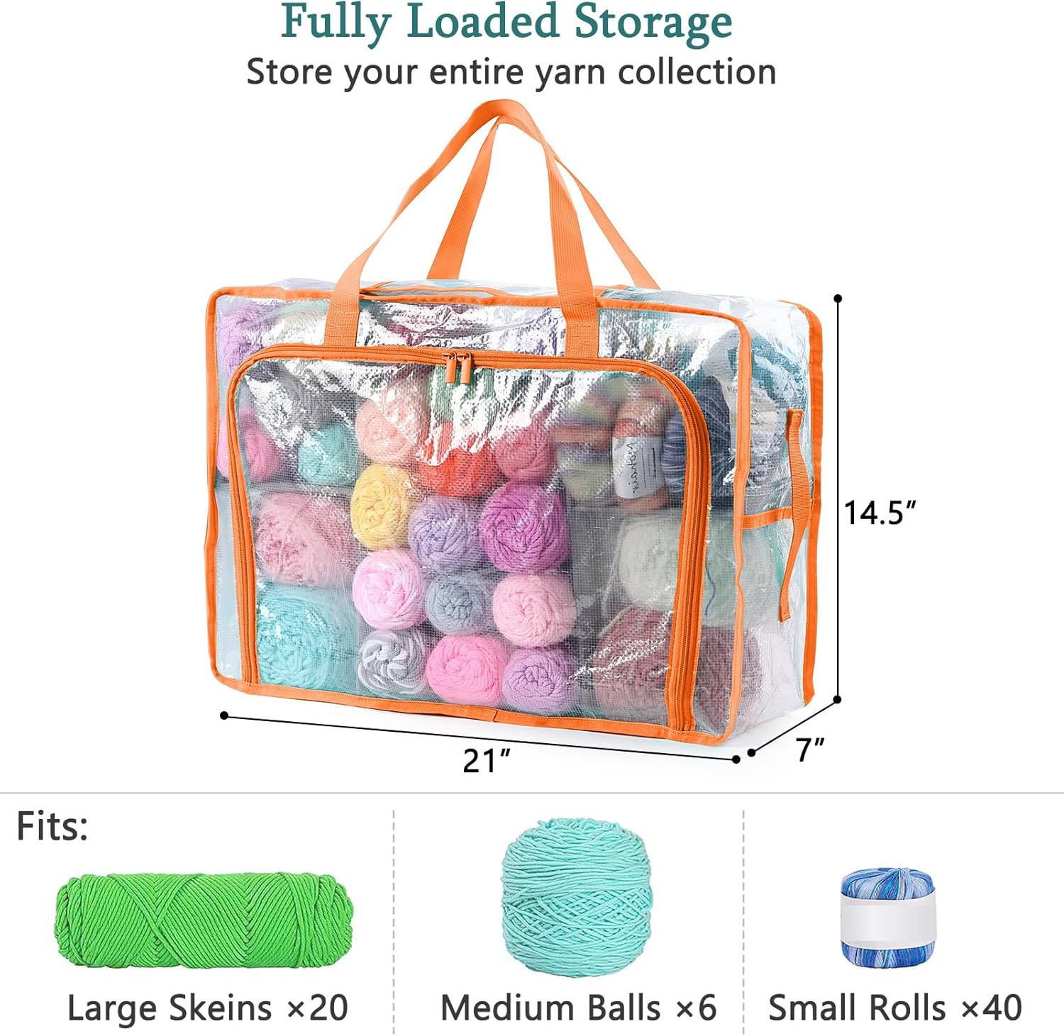 MYBAGZING Clear Yarn Storage Bags, 21" Large Flat Under Bed Yarn Organizer with Zipper & Handles, Stackable Knitting and Crochet Storage for Closet Shelves, Craft Room, Yarn Skeins, Hooks & Needles