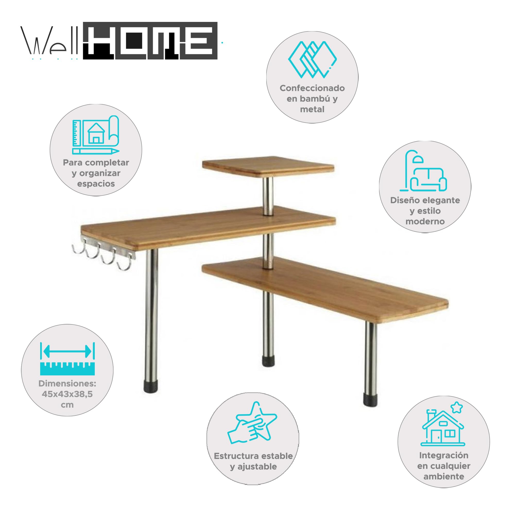 WELL HOME - Mensola angolare in bambù per cucina, compatto ed elegante, 45 x 43 x 38,5 cm
