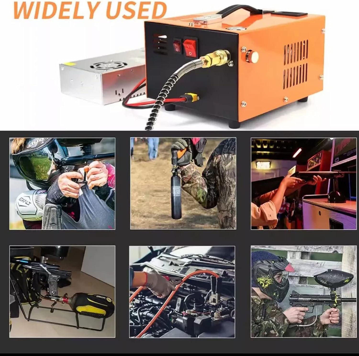 Image showing various applications of the air compressor, including filling paintball tanks, air rifles, and other high-pressure air devices.