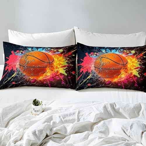 Miniatura 5 de Erosebridal Juego de sábanas de baloncesto para niños y adolescentes, sábanas deportivas para niños, tamaño matrimonial, color rojo y azul, con bola