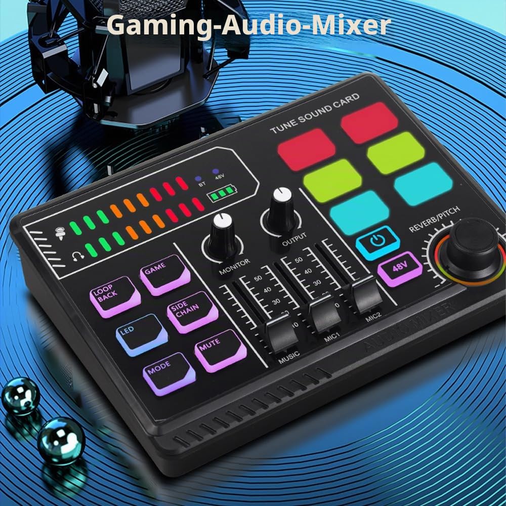 Btuty Gaming Audio Mixer mit 48V Phantom Power, RGB Mischpult für XLR Mikrofon, BT Soundkarte für Streaming