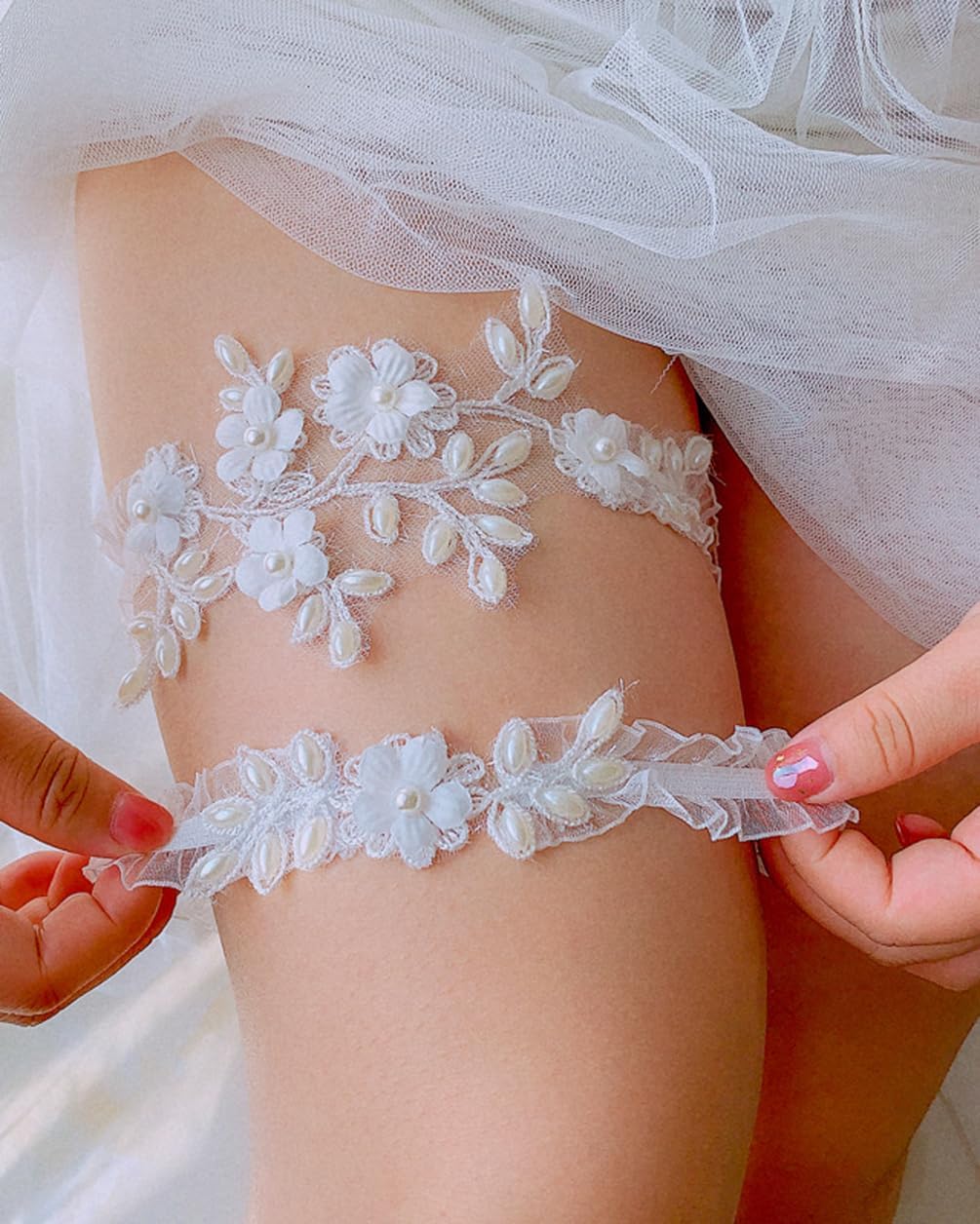 Wedding Garter for Bride,Bridal Garter Set Stretchy Lace Leg Garter with Flower Floral, White Garter for Bride