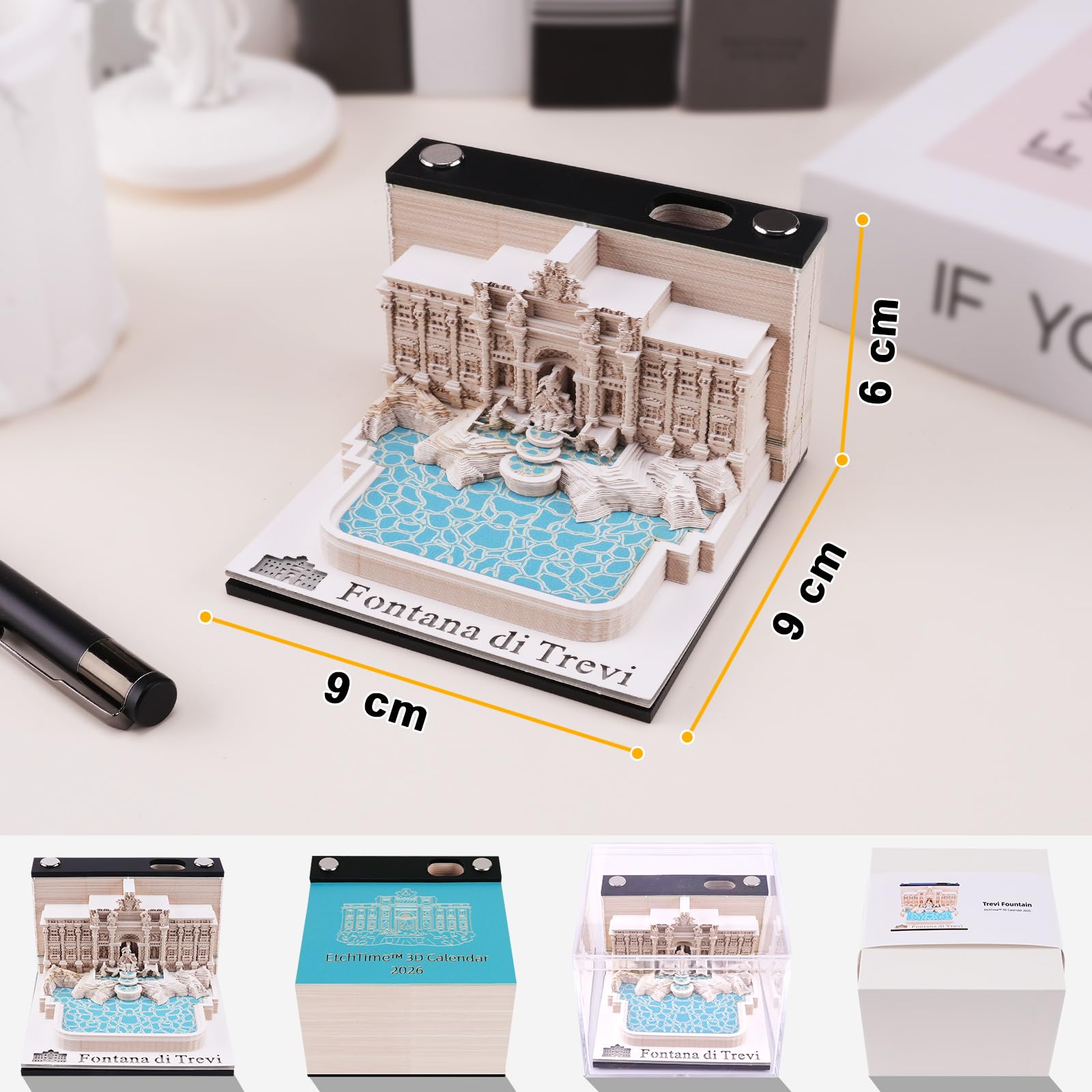 Calendario settimanale 3D 2026 - Fontana di Trevi | Il tuo calendario artigianale con modello cartaceo 3D architettonico integrato | Decorazione per scrivania creativa & figurina decorativa esclusiva