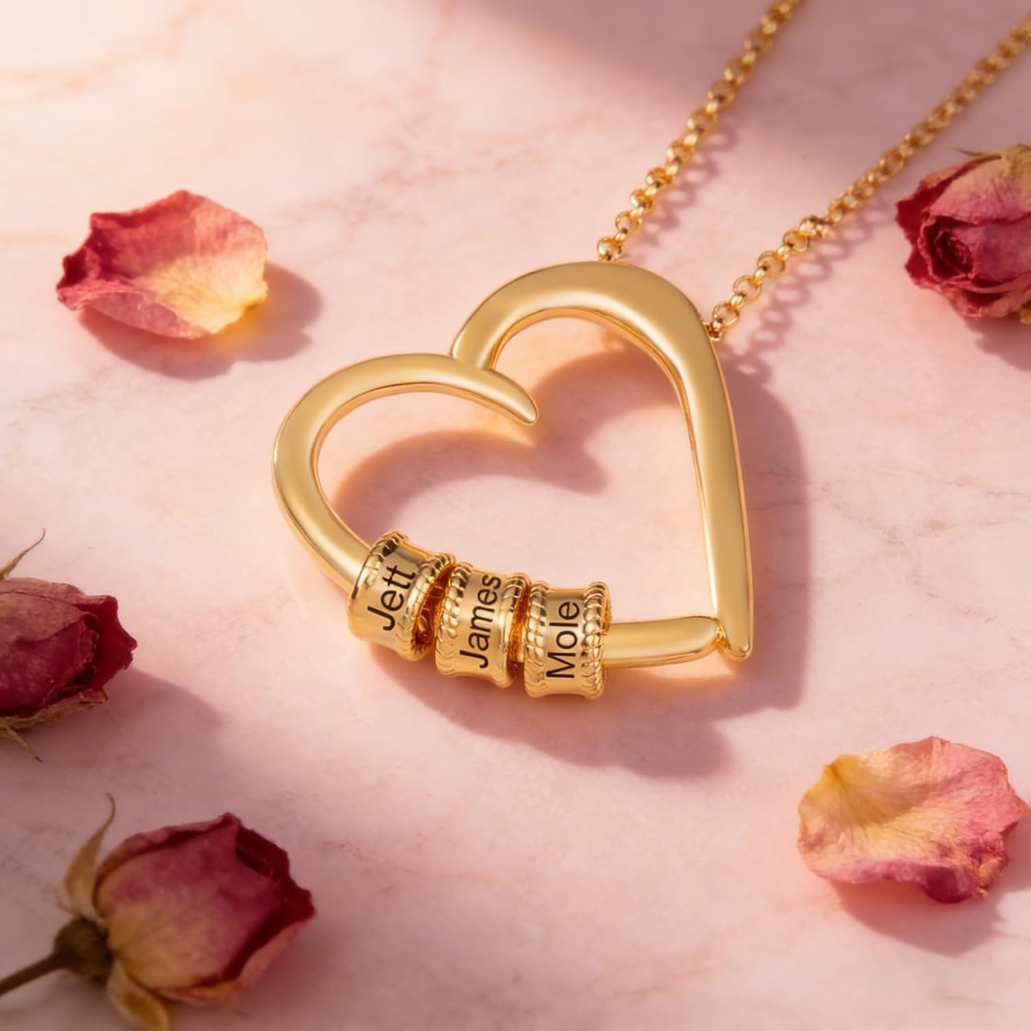 Personalized Heart Necklace with Names for Women – Custom Engraved Name Bead Necklace, Mothers Necklace with Kids Names, Gold Silver Rose Gold, Custom Jewelry Gift for Mom