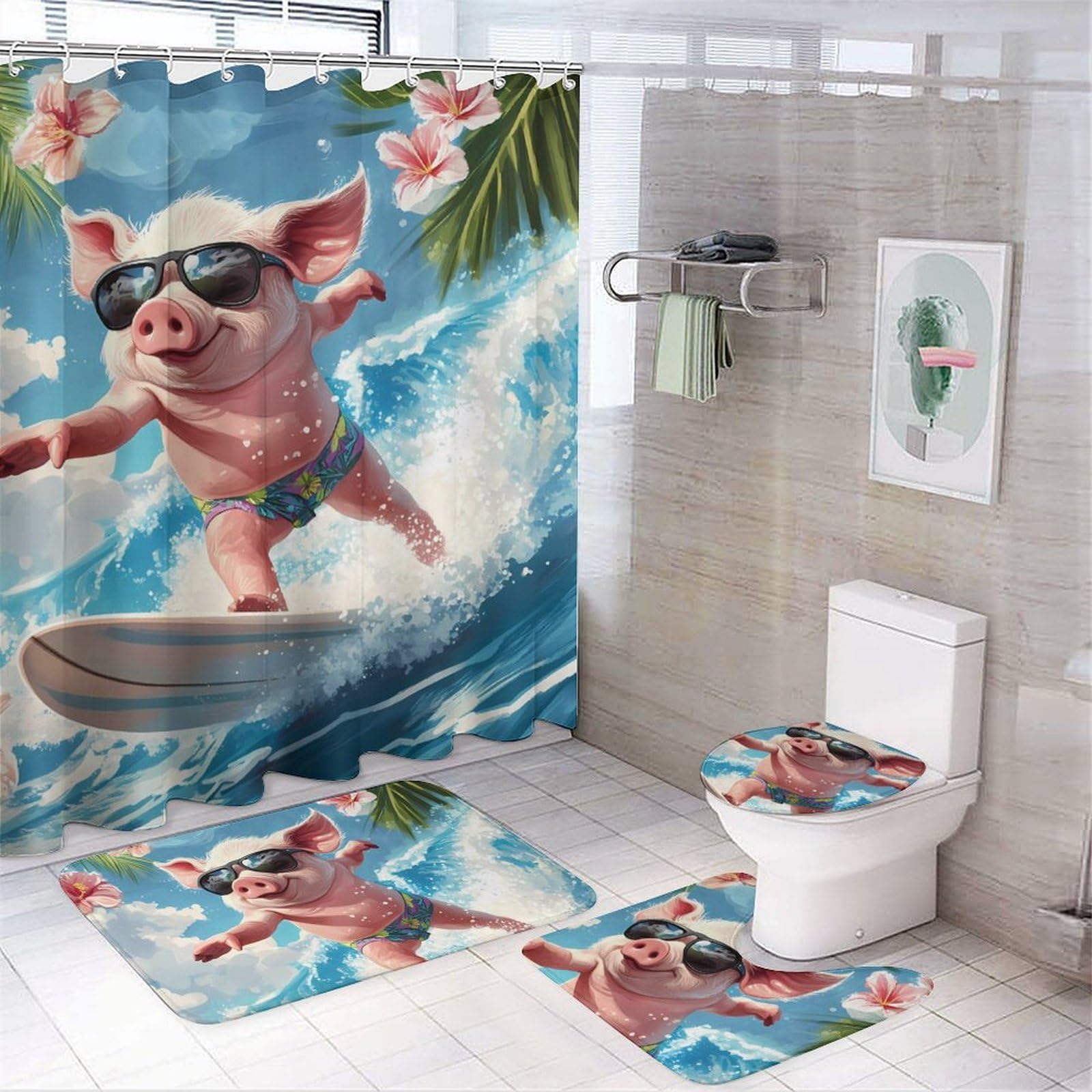 CGSBNGHA Pigs Surfing Shower Curtain Set 4 Piece Bathroom Sets with Rugs Toilet Lid Cover And U-Shaped Floor Mat