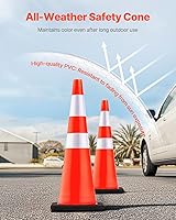 Vista 3 de VEVOR Conos de seguridad, paquete de 6 conos de tráfico de 36 pulgadas, conos de construcción naranja de PVC con collares reflectantes y base negra