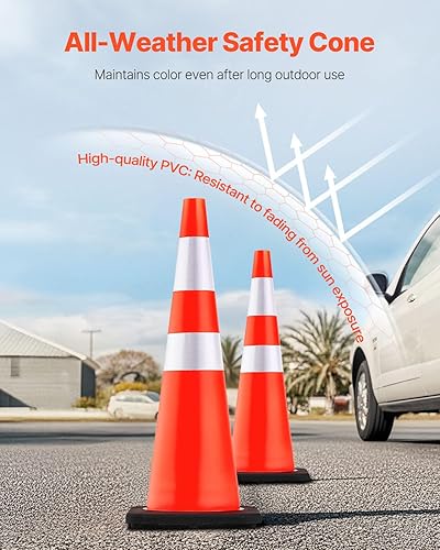 Miniatura 3 de VEVOR Conos de seguridad, paquete de 6 conos de tráfico de 36 pulgadas, conos de construcción naranja de PVC con collares reflectantes y base negra