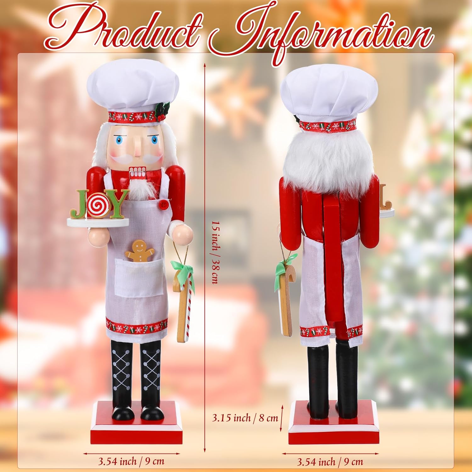 Blosssound 15 Inch Christmas Chef Nutcracker Decorations Wooden Baking Nutcracker Figurine Joy Candy Gingerbread Apron Design Winter Christmas Holiday Table Home Decor Festive Party Favor Supplies