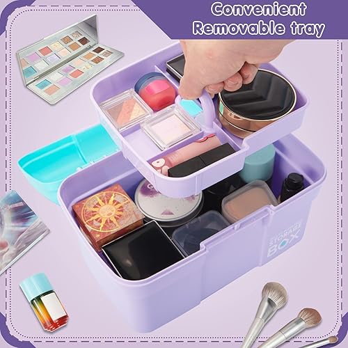 Miniatura 5 de Caja organizadora multiusos de 11 pulgadas con bandeja extraíble, caja de manualidades pequeña portátil con asa, caja de herramientas transparente