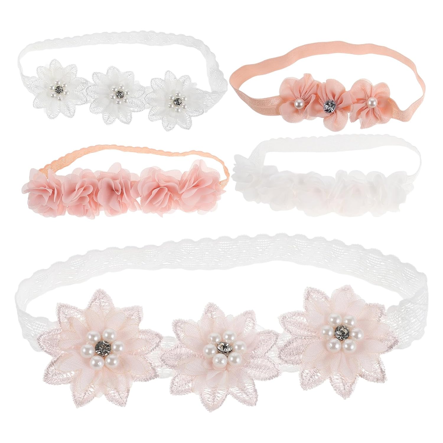 5pcs Girl Floral Headbands Elastic Newborn Hairbands with Pink Beads and Pearls Soft Chiffon Stretchy Hair Accessories for Party Styling