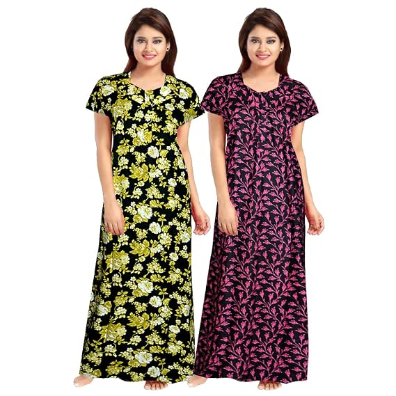 Buy Silver Organisation Women s Cotton Maxi Nighty Full Length 55 inch Maxi  Dress with Front Zip Regular Night Gown Yellow,Blue at Amazon.in