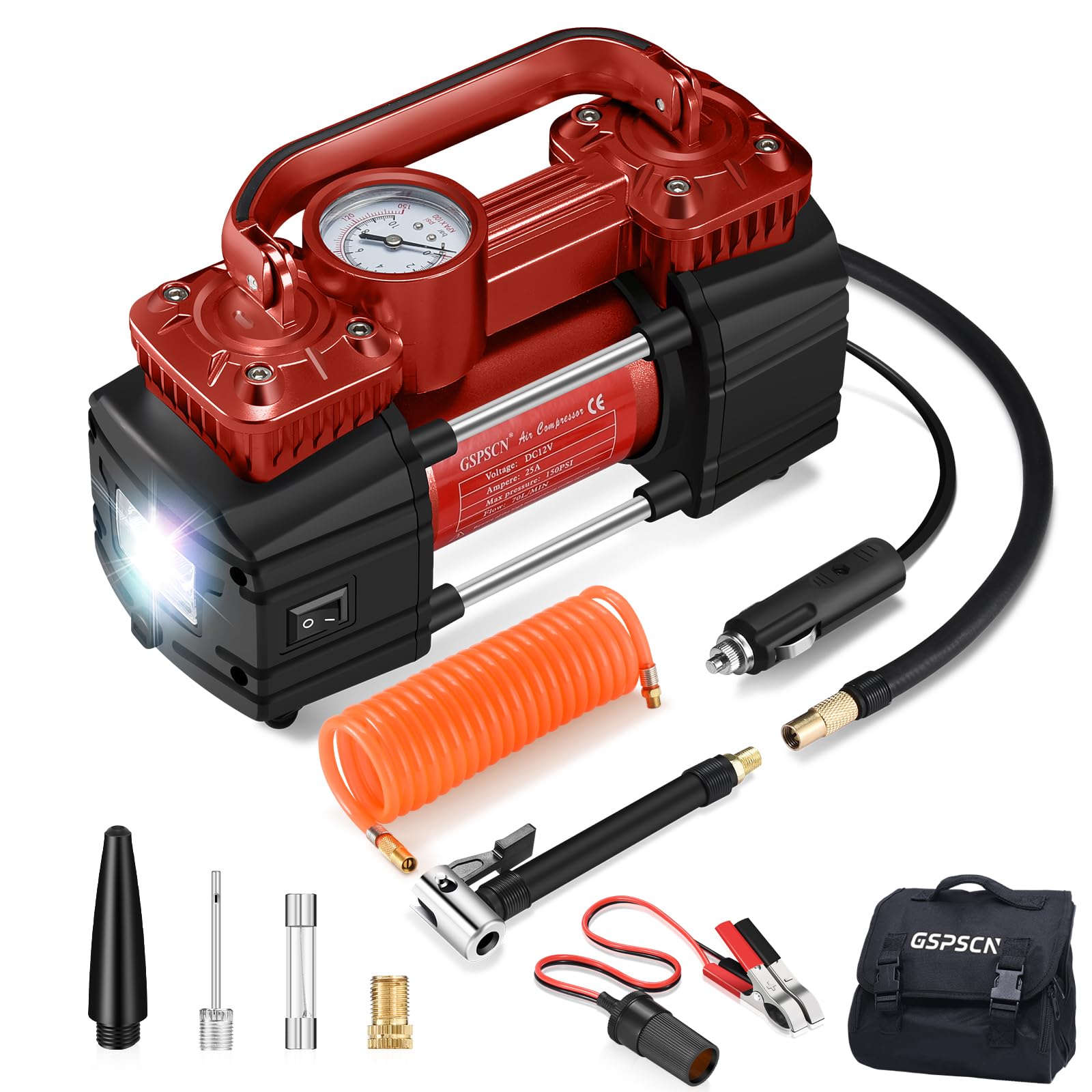 GSPSCN Compressore d'aria a doppio cilindro DC 12 V per auto, gonfiaggio pneumatici portatile resistente, pompa per pneumatici 150 psi con luce LED per auto, camion, SUV, camper, palloni, ecc (rosso)