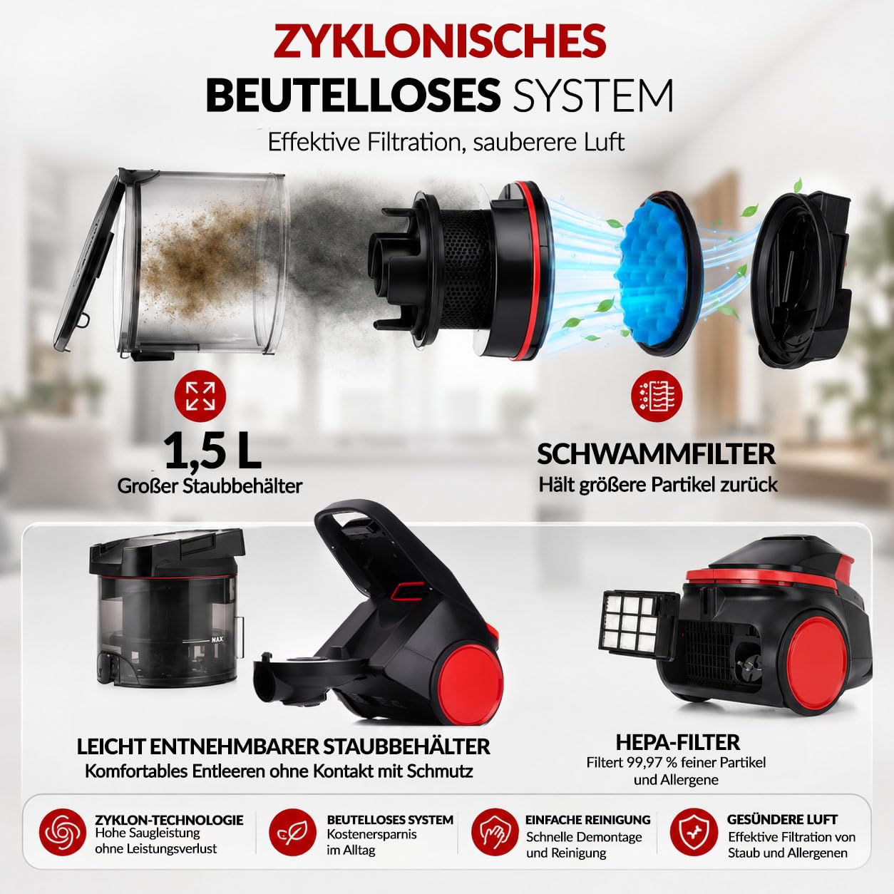 LEHMANN Odkurzacz cyklonowy, bezworkowy, sterowany za pomocą uchwytu, wydajny, 4 tryby, podwójna filtracja z HEPA dla alergików, odkurzacz podłogowy bez worka, do czyszczenia wielu powierzchni