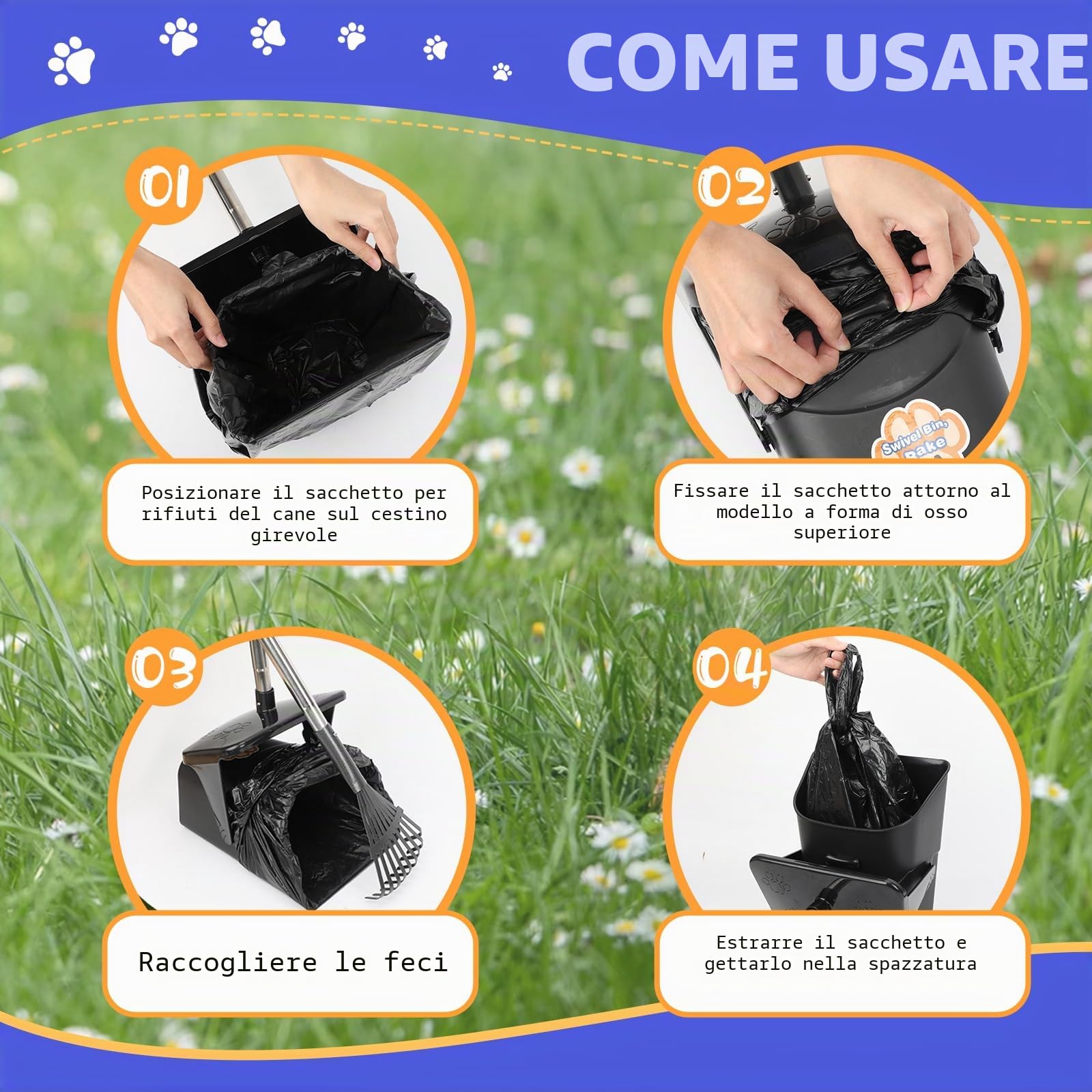 Set Paletta e Rastrello per Feci Cane con 20 Sacchetti – Paletta con Manico Lungo, Raccogli Escrementi per Giardino, Cortile, Esterni