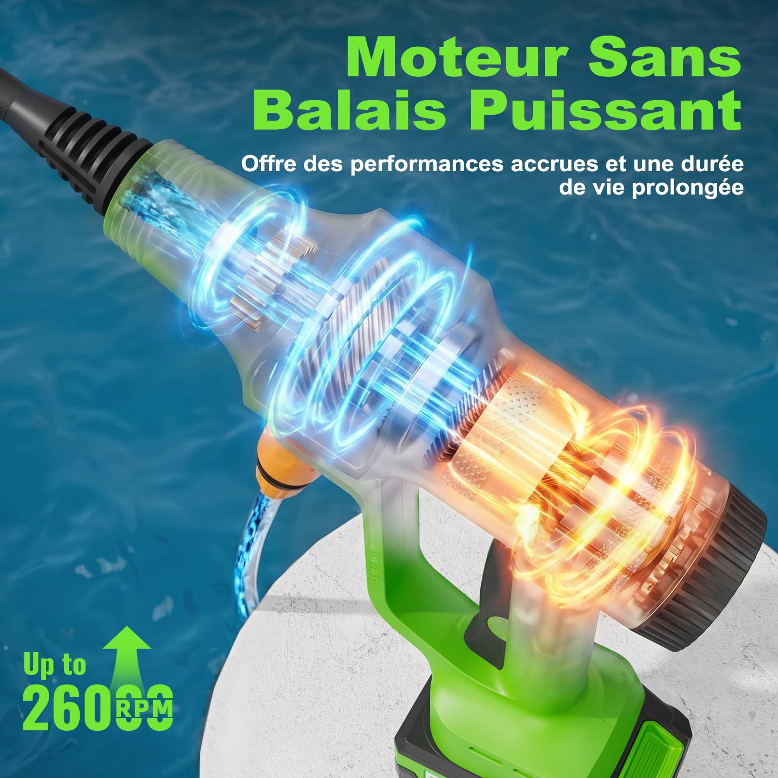 Nettoyeur Haute Pression sans Fil avec 2 Batteries, Nettoyeur Portable avec Buse Réglable 6 en 1, Tuyau Tressé de 6,5 m avec Raccord Robinet pour Voiture, Jardin, Terrasse