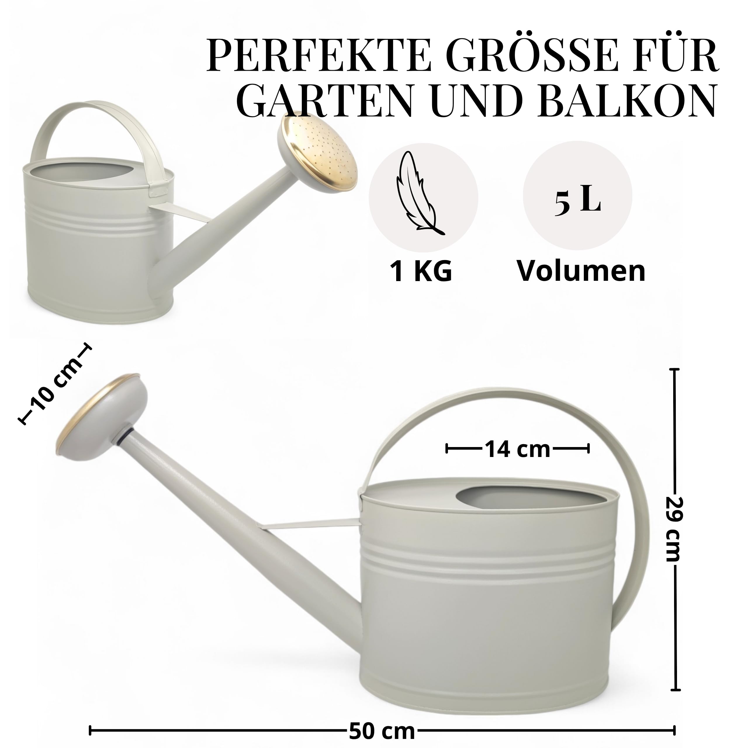 LIVLIG Gießkanne 5 Liter, Blumengießkanne für Garten & Balkon, Hochwertige Metallgießkanne 5L aus verzinktem Metall und Abnehmbarer Brause, Gießkanne Retro mit Messingbrause, Greige