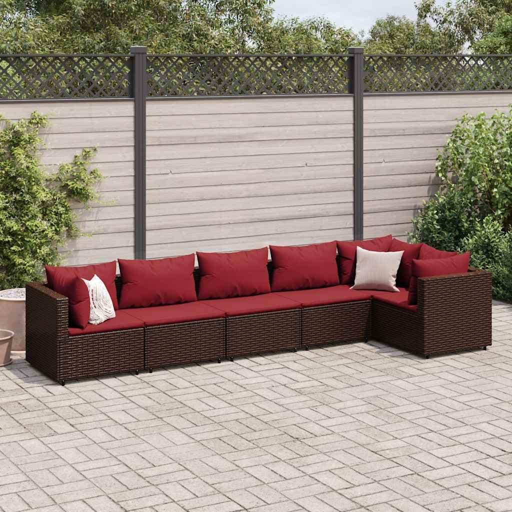 6-Piece Modular Patio Lounge Set in Brown and Cinnamon Red, Modern Outdoor Furniture with UV Resistant Poly Rattan and Easy-Care Cushions for Relaxing and Entertaining