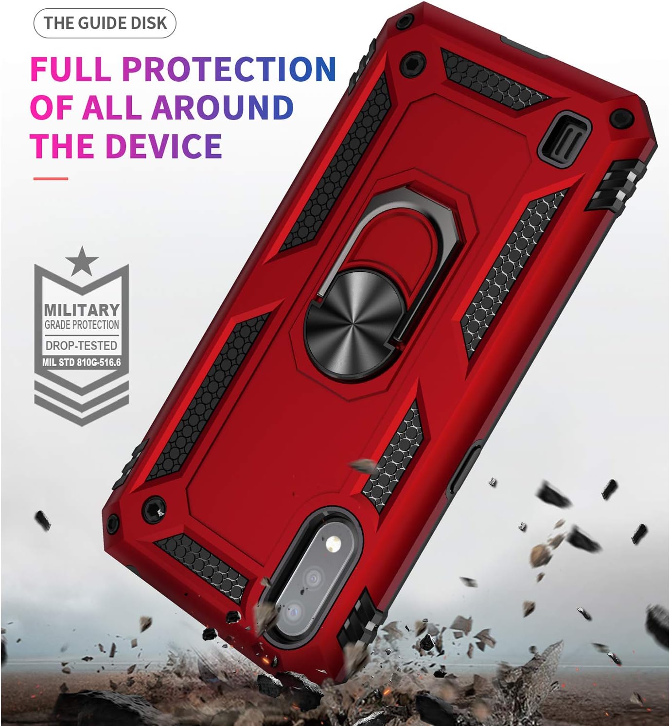 TJS Compatible with Samsung Galaxy A01 Case, with Tempered Glass Screen Protector, Defender Metal Ring Magnetic Support Kickstand Heavy Duty Drop Protector Cover Phone Case (Red)