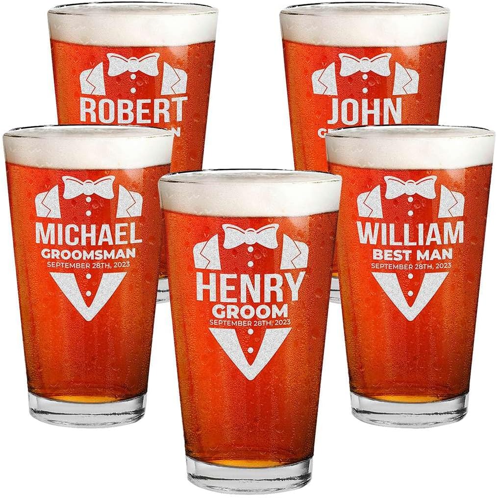 Personalized Custom Groom and Groomsmen Tuxedo Wedding Favors Engraved Beer Pint Glasses 16 oz. (Set of 7)