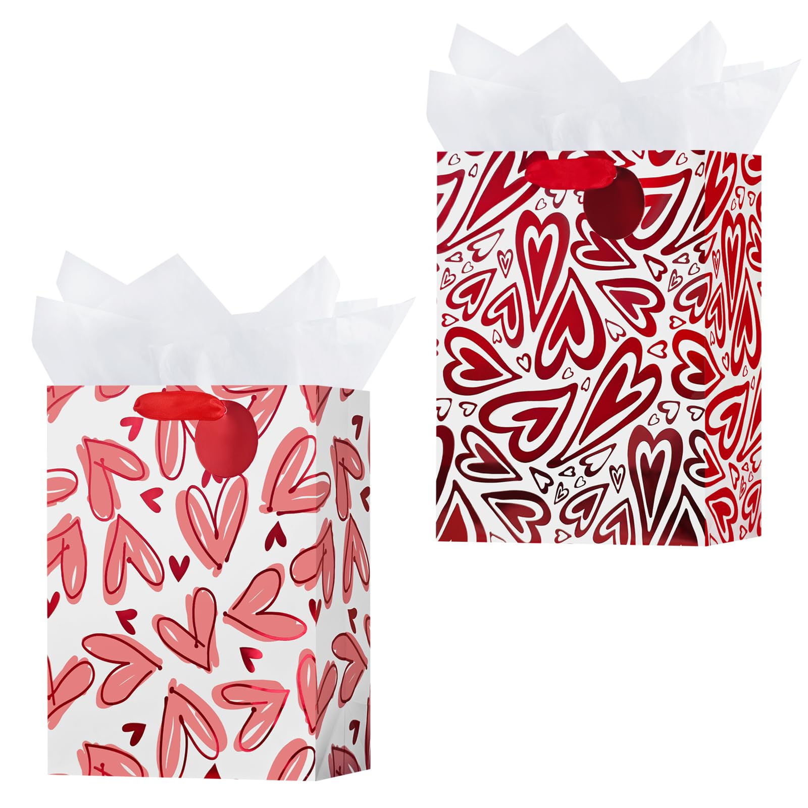 OFIHANLY 2 Pack 12.6" Medium Size Happy Valentine's Day Gift Bags with Handles for Women Her Red Heart Paper Gift Wrap Bags with Tissue Paper for Kids