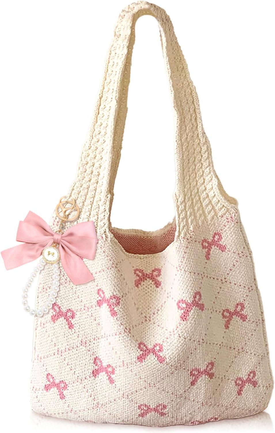 Pink crochet tote with coquette bow for women’s beach style.