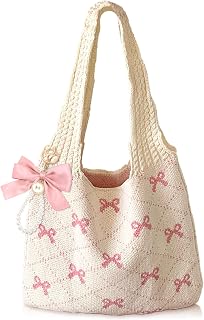 Pink Crochet Tote Coquette Bow Aesthetic Hobo Bag for Women Beach Mesh Knitted Shoulder Bag Boho Shoulder Handbag