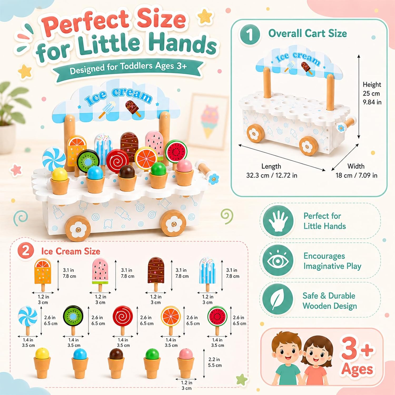 Wooden Ice Cream Cart Toy, Montessori Pretend Play Food Set with Popsicles, Lollipops & Ice Cream Cones, Pull Along Dessert Stand, Fine Motor Skills Gift for Toddlers Kids Ages 3+